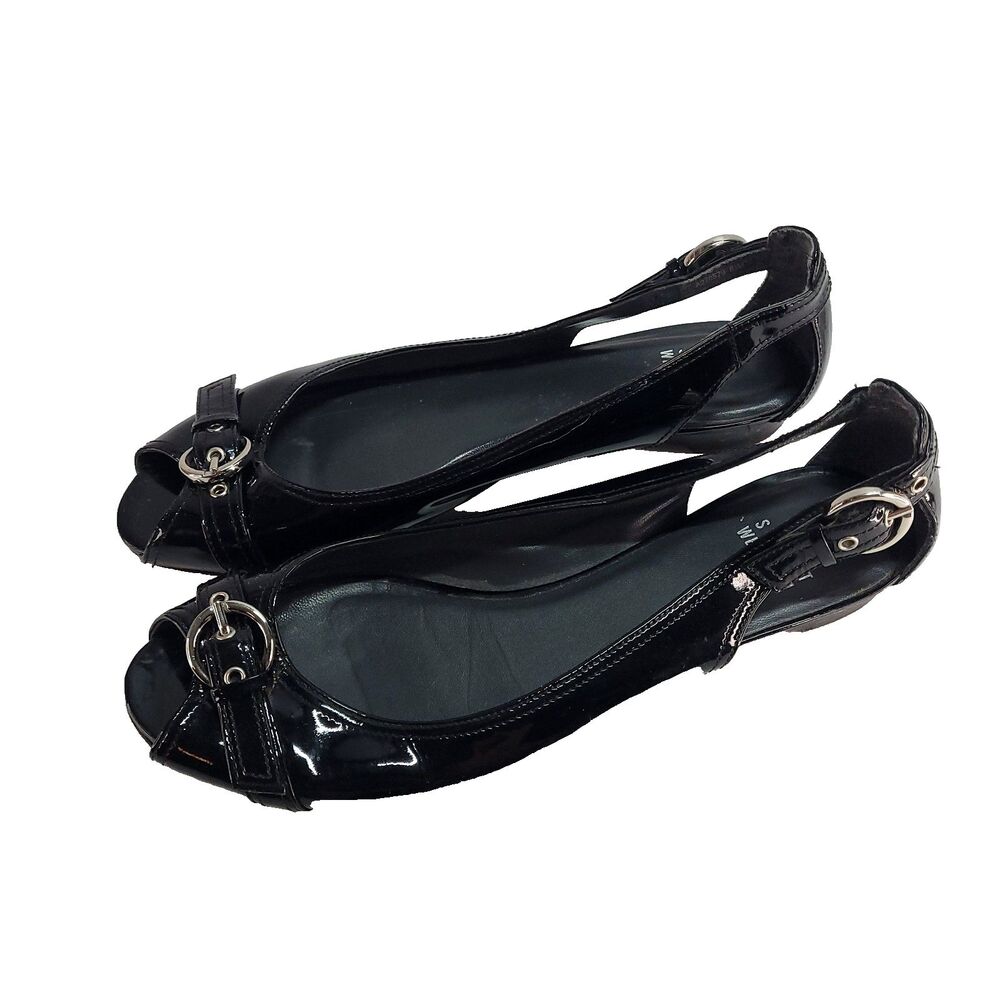 stuart weitzman Chit Chat Patent Leather Flats 8.5 Black Sling Back Peep Toe - Picture 2 of 14